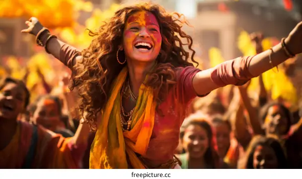 A young Indian woman is celebrating the Hindu holiday Holi with friends.