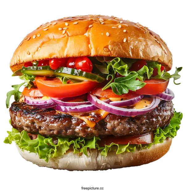 [Transparent Background PNG]Close Up of a Delicious Cheeseburger with Lettuce, Tomato and Onion