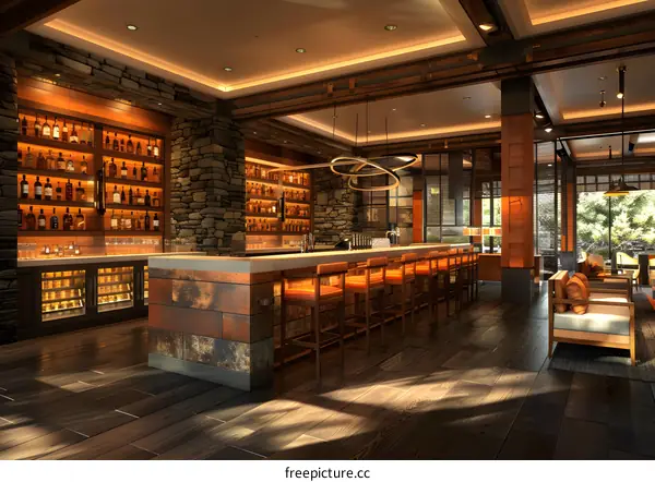 Modern bar interior design with stone wall and wood