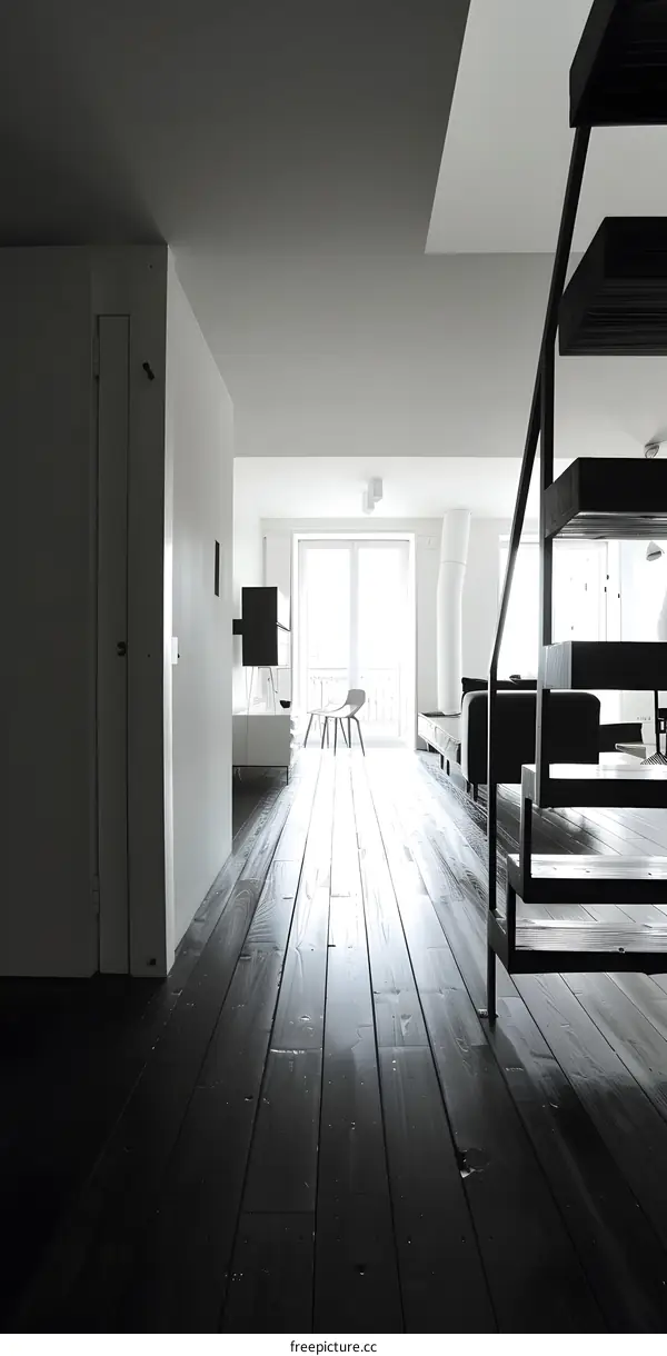 Modern Interior Design with Black Wooden Floors and White Walls