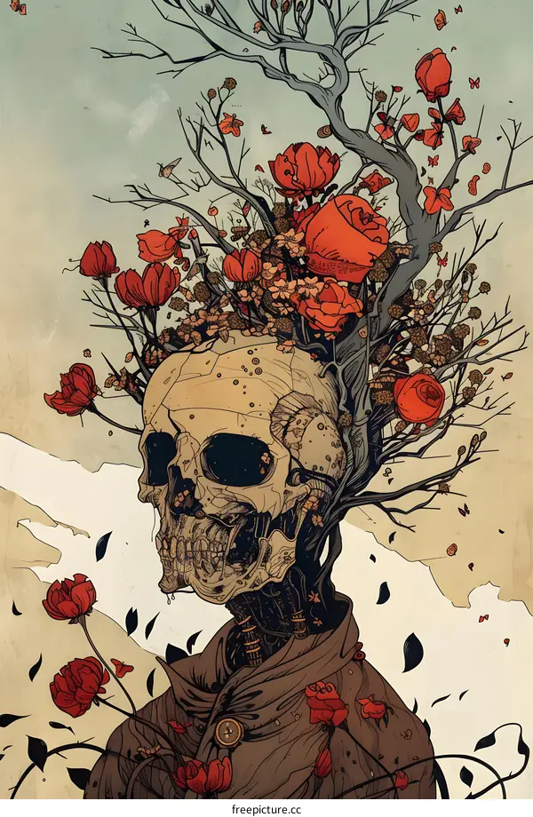 Skull with Flowers and Butterflies Illustration