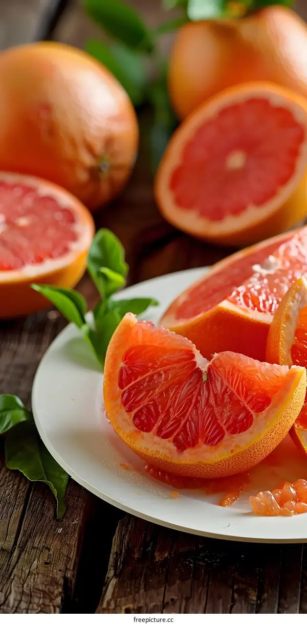 Closeup Of Fresh Grapefruit Slices On A White Plate