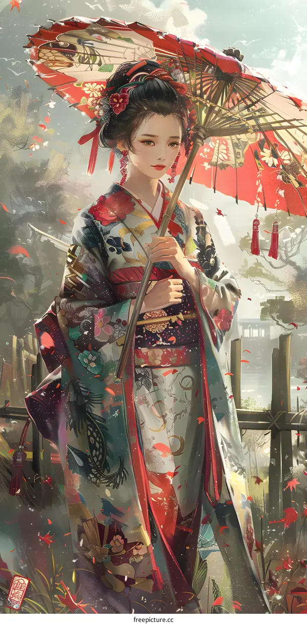 An Asian woman wearing a kimono is holding a red umbrella.