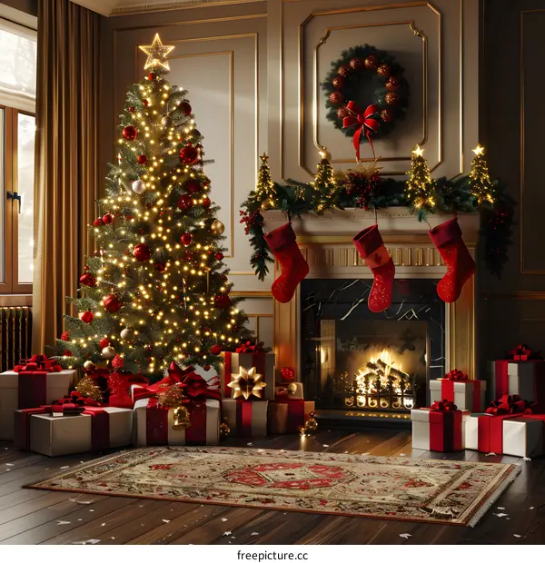 Christmas tree by the fireplace
