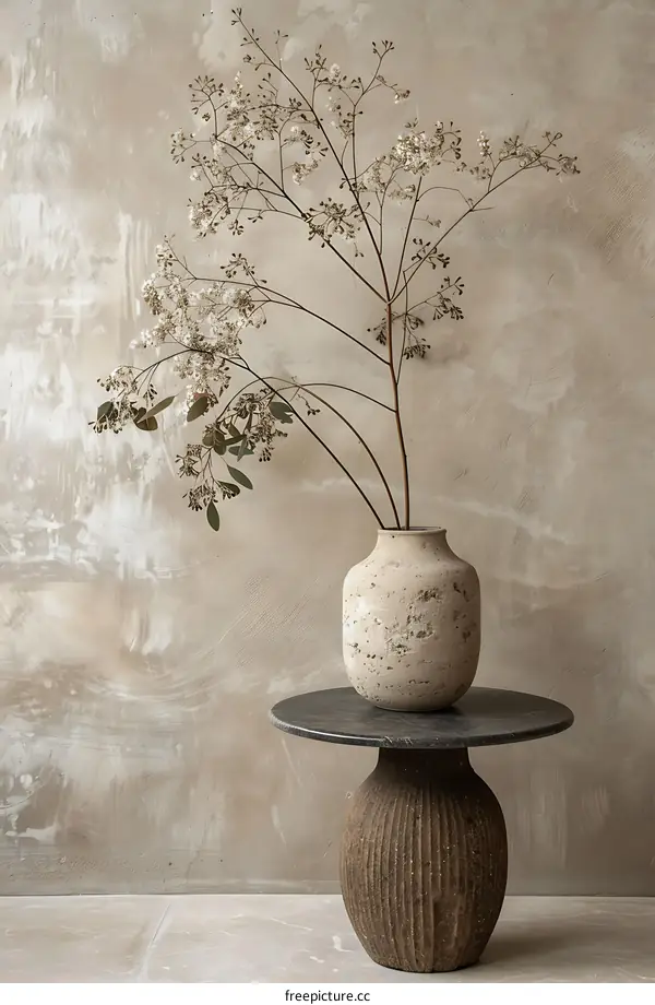 Minimalist Interior Design With Dried Flowers in a Vase on a Stone Table