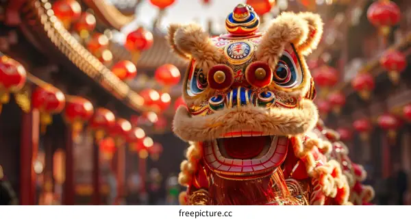 Vibrant Chinese Lion Dance Costume During Spring Festival Parade