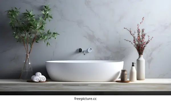 Modern Bathroom with Large Bathtub, Flowers, and Wooden Shelf