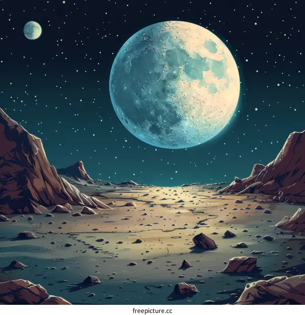 A beautiful landscape of a rocky moon with a blue moon in the sky