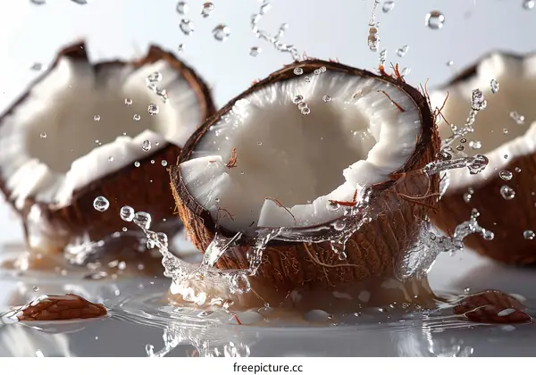 Coconut halves and water splash