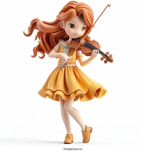 A violinist girl with long orange hair playing the violin happily