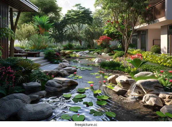Natural Landscape Garden Design with Courtyard and Pond
