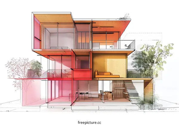 perspective exploded house illustration