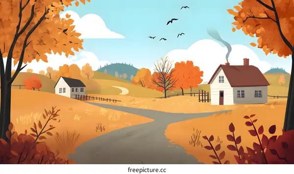 Autumn Countryside Landscape Illustration with Two Houses