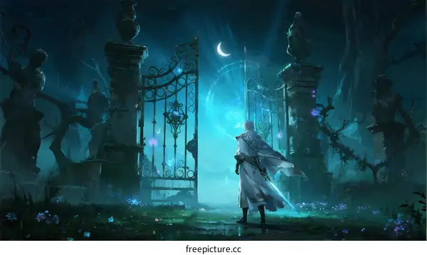 Mysterious Figure Standing Before Glowing Enchanted Gates in Dark Garden