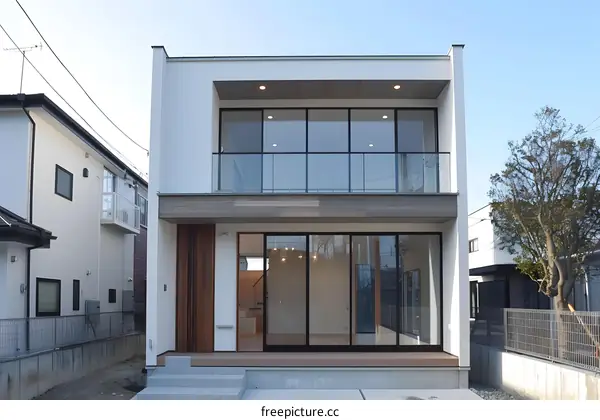 Modern White House Exterior with Balcony and Large Windows