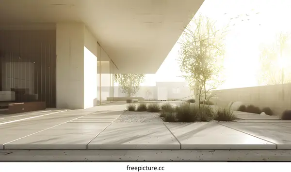 Minimalist Modern House Exterior with Concrete Patio and Lush Greenery