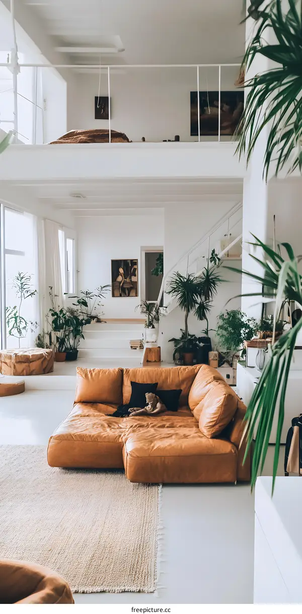 Modern Minimalist Loft Living Room with Beige Rug and Leather Sofa