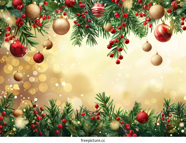 Christmas Decorations with Baubles and Greenery on Gold Background