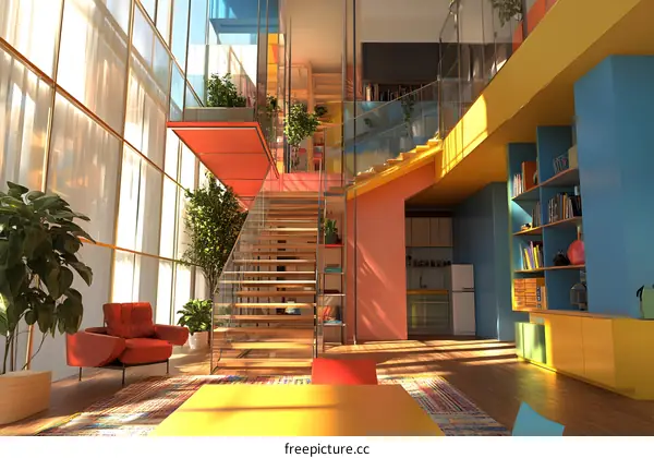 Modern Interior Design with Colorful Walls and a Glass Staircase