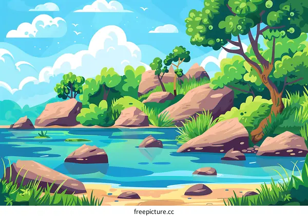Summer Landscape Illustration with a River and Rocks