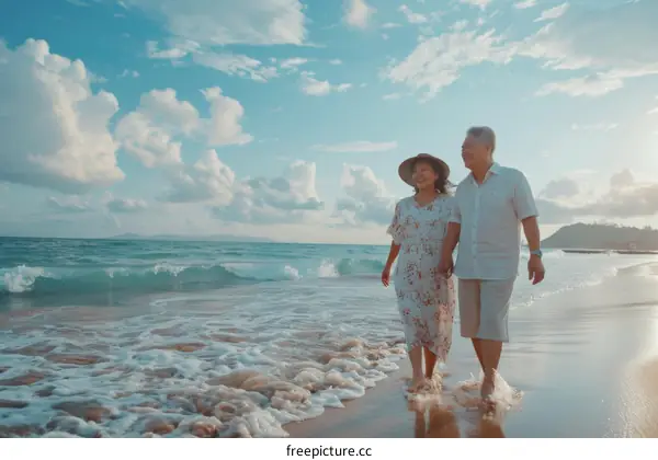 Happy Asian Couple Walking on Beach at Sunset