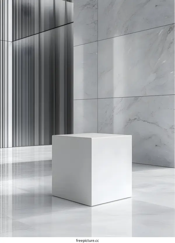White Cube Mockup on Marble Floor and Metal Wall Background