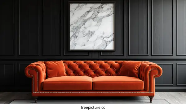 Dark Elegant Interior with Orange Sofa and Marble Picture