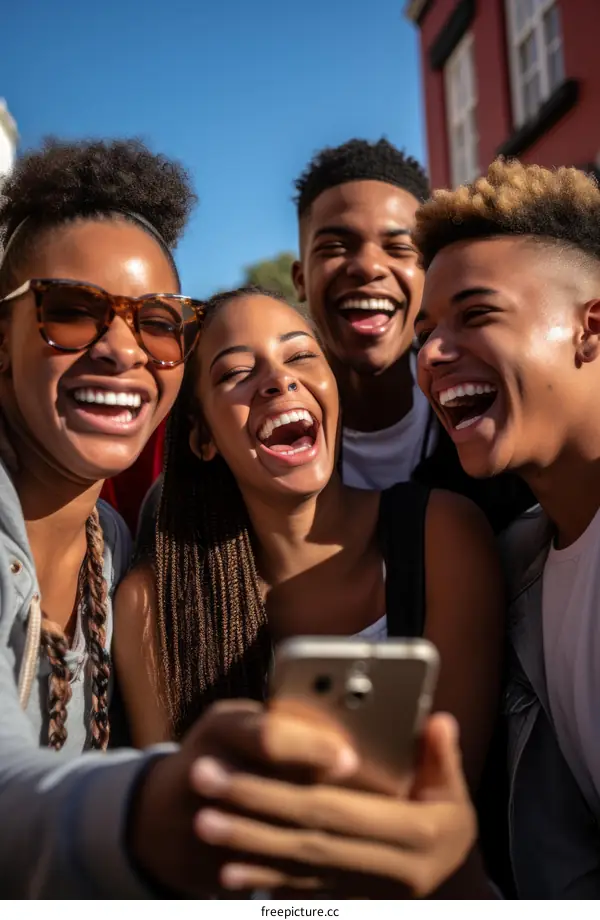 Four friends laughing and taking a selfie