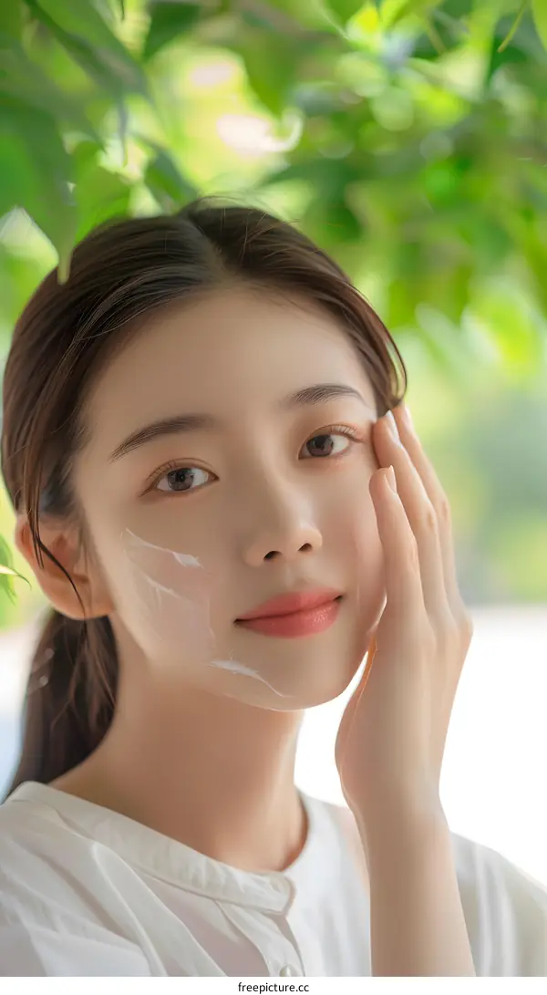 Young Asian Woman Applying Cream to Face