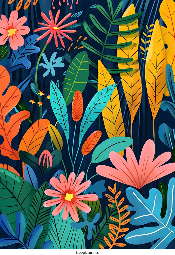 Colorful Floral Pattern with Different Shapes of Leaves