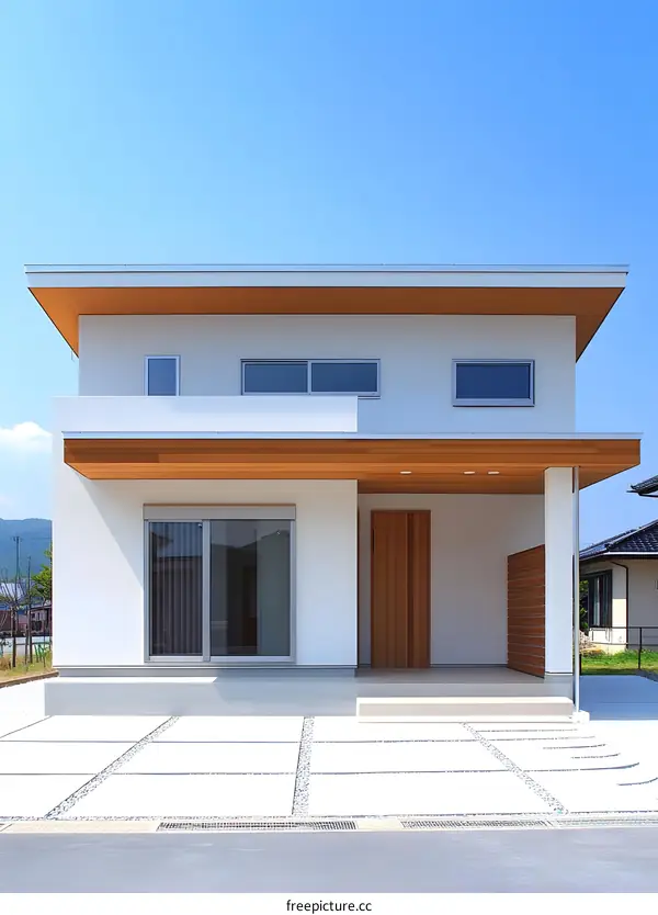 Modern White House with Brown Wooden Accents and Patio