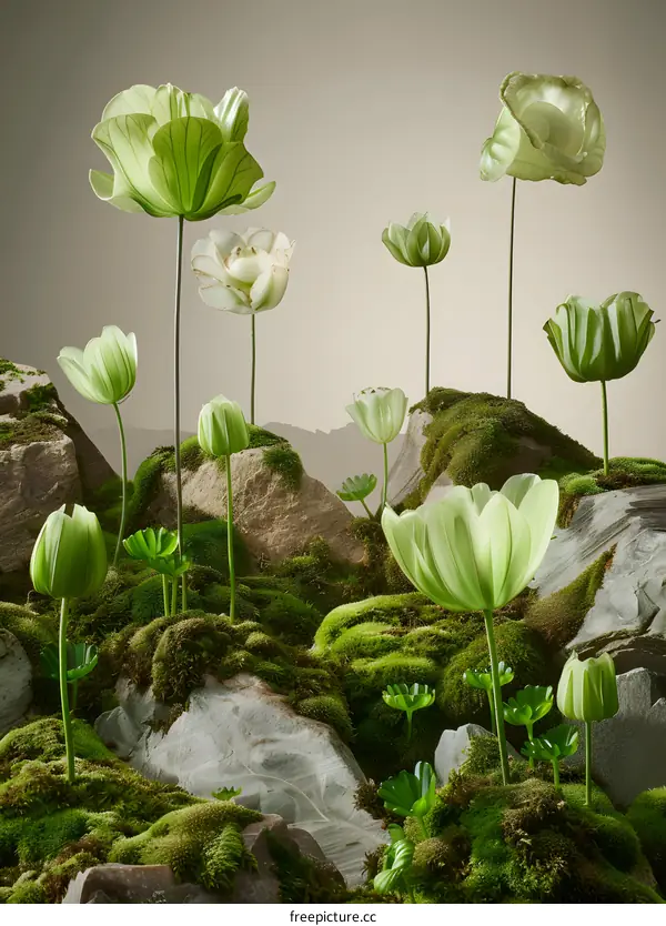Green Flowers Growing on Rocks with Moss