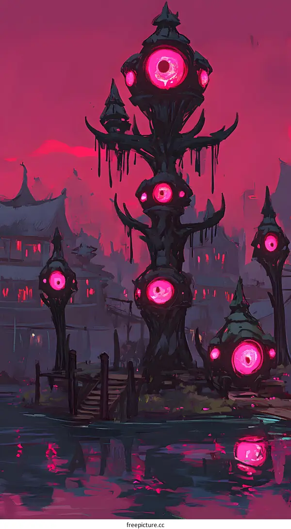 Fantasy Cityscape with Glowing Eye Towers