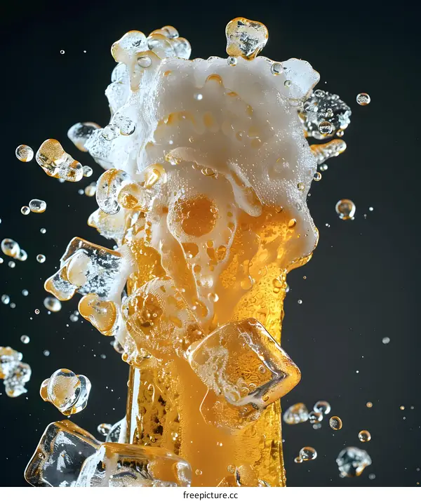 Closeup of Beer with Ice and Foam