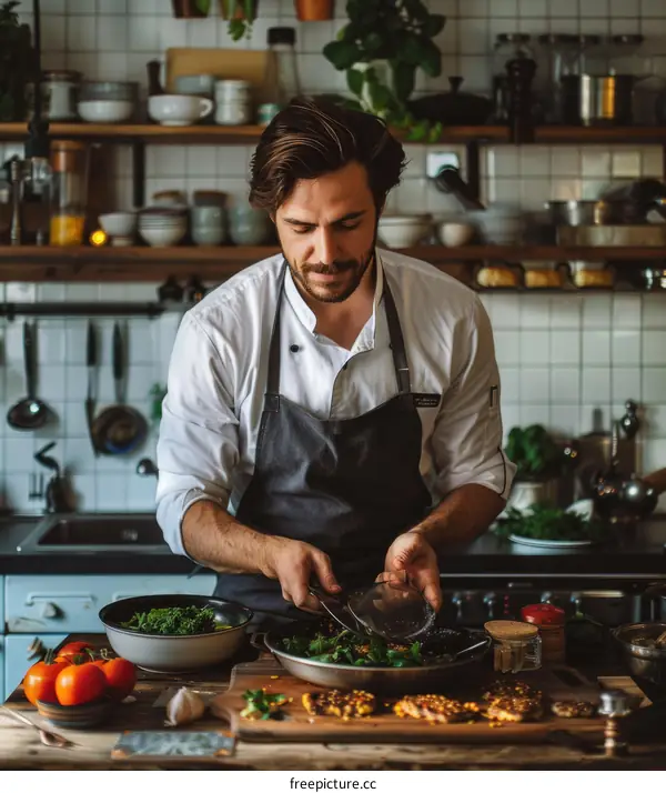 Young male chef is preparing a delicious salad in the kitchen