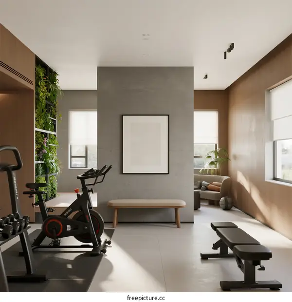 Modern home gym with fitness equipment and green plants