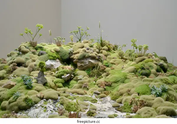 Green Mossy Hill with Stones and Plants