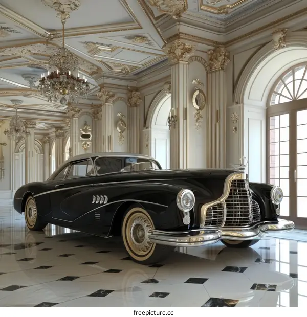 Vintage Black Car in a Luxurious Palace Interior