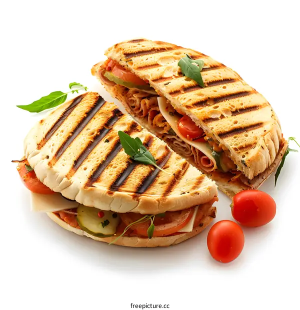 Grilled panini sandwich on a white background