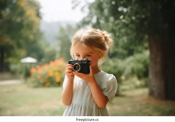 Little Girl Taking Pictures in Park