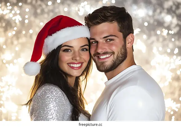 Couple in Christmas Hats Celebrating with Fireworks