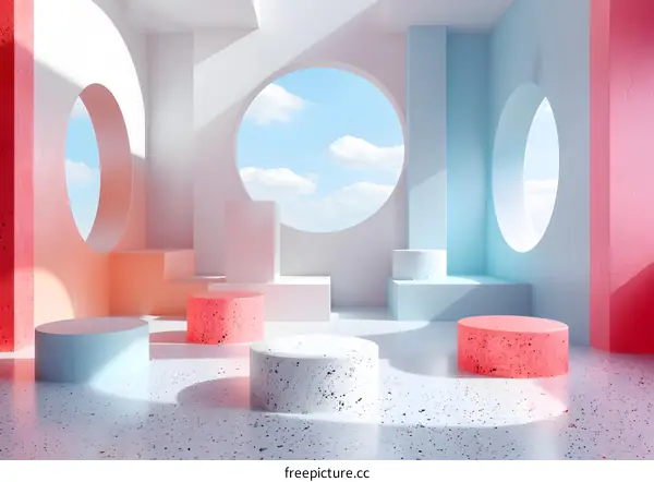3D rendering of geometric shapes and soft colors in an interior space