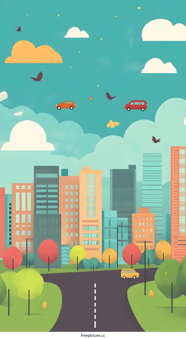 Cartoon Cityscape with Cars and Birds in the Sky