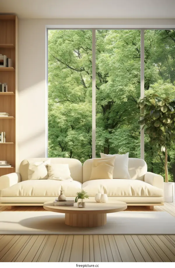 A bright and airy living room with a large window looking out onto a forest