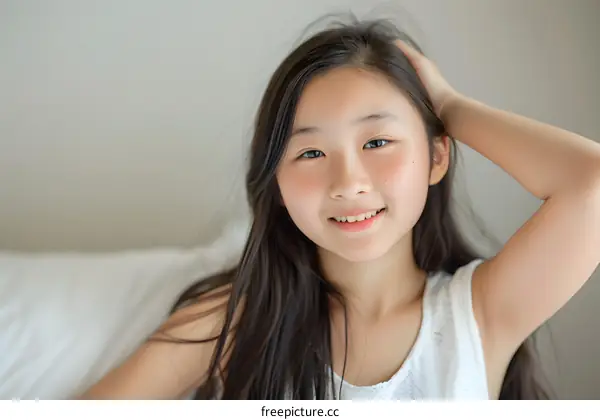 Portrait of a smiling Asian girl with long black hair