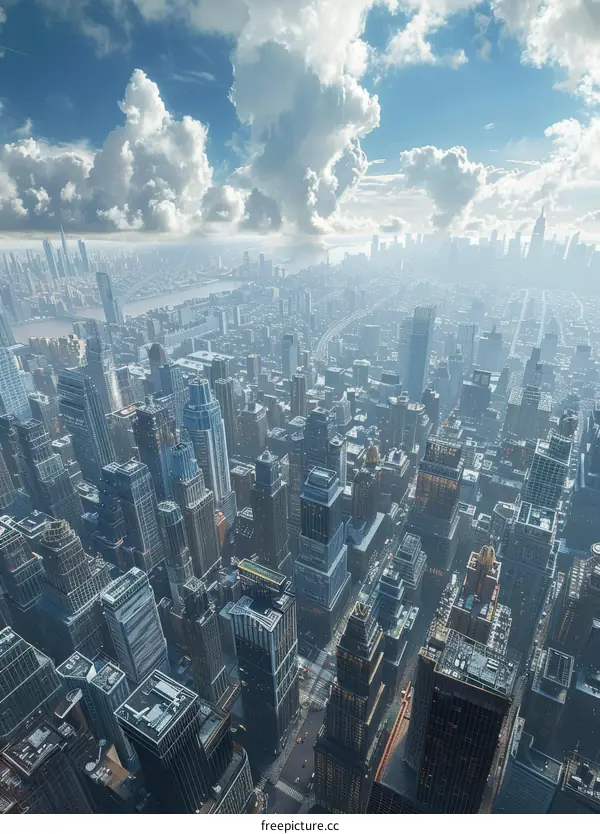 Aerial View of a Bustling Metropolis with Towering Skyscrapers