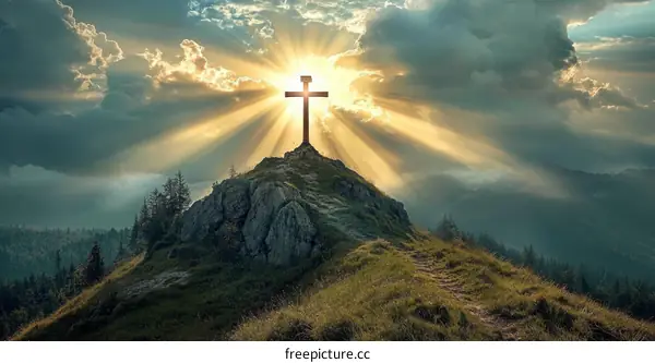 Religious Cross on Mountaintop with Sunbeams