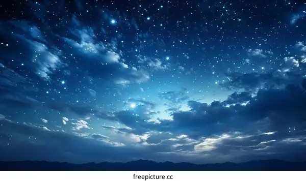 Starry Night Sky with Clouds and Mountains in the Distance