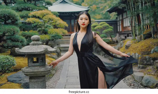 Asian Woman in Black Dress in a Japanese Garden