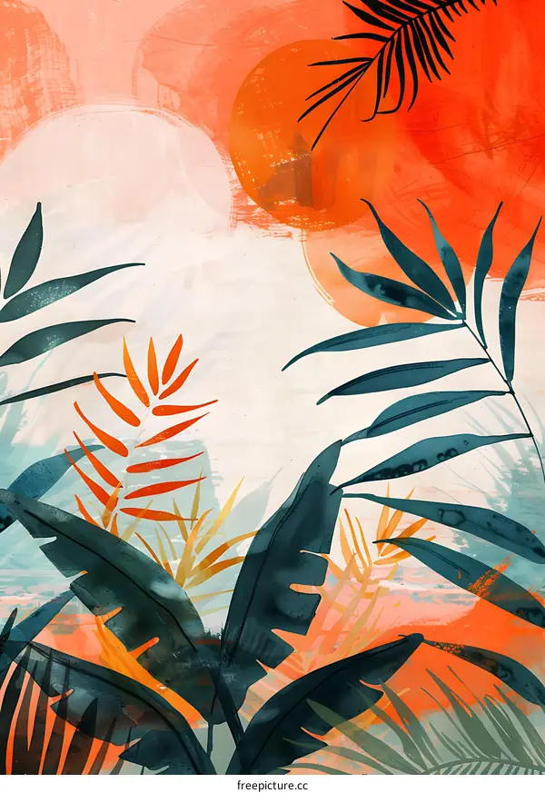 Tropical Leaves Abstract Painting with Orange and Teal Colors